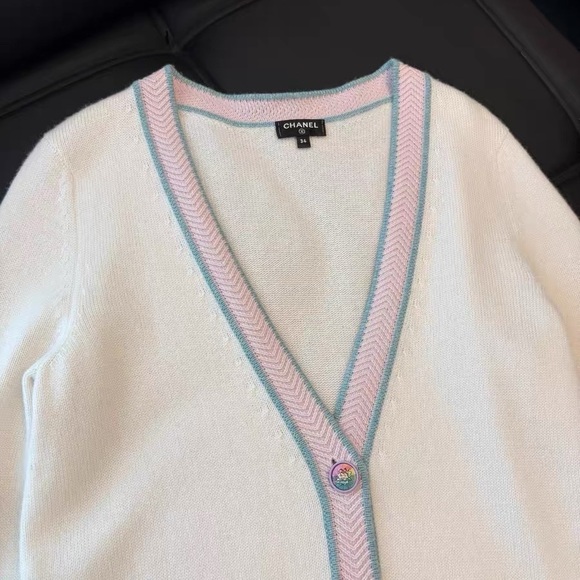 Authentic CHANEL Cream Cardigan with Pink and Blue Details - Picture 2 of 7